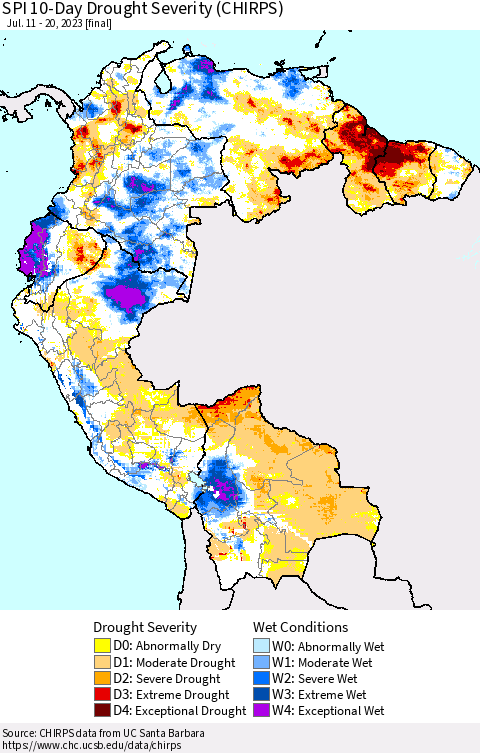 Northern South America SPI 10-Day Drought Severity (CHIRPS) Thematic Map For 7/11/2023 - 7/20/2023
