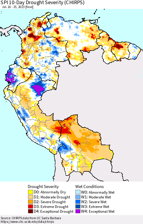 Northern South America SPI 10-Day Drought Severity (CHIRPS) Thematic Map For 7/16/2023 - 7/25/2023