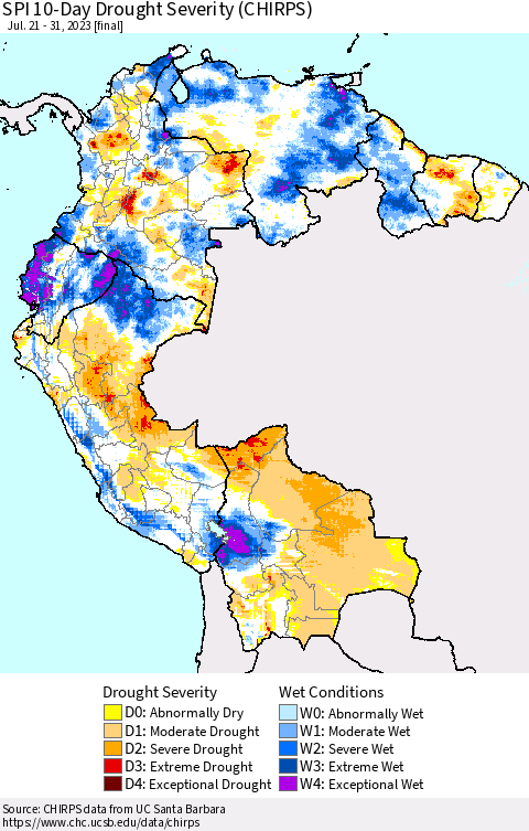 Northern South America SPI 10-Day Drought Severity (CHIRPS) Thematic Map For 7/21/2023 - 7/31/2023
