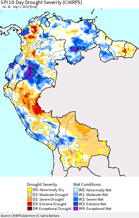 Northern South America SPI 10-Day Drought Severity (CHIRPS) Thematic Map For 7/26/2023 - 8/5/2023