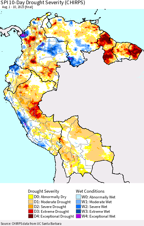 Northern South America SPI 10-Day Drought Severity (CHIRPS) Thematic Map For 8/1/2023 - 8/10/2023