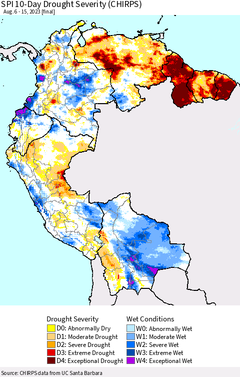 Northern South America SPI 10-Day Drought Severity (CHIRPS) Thematic Map For 8/6/2023 - 8/15/2023