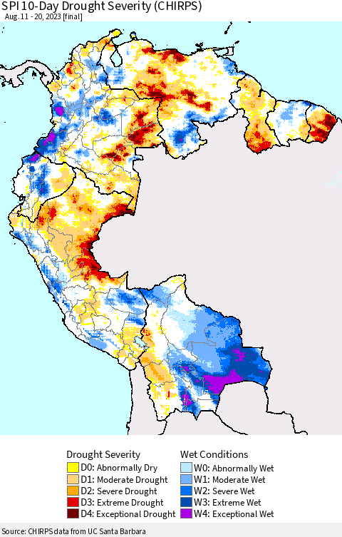 Northern South America SPI 10-Day Drought Severity (CHIRPS) Thematic Map For 8/11/2023 - 8/20/2023