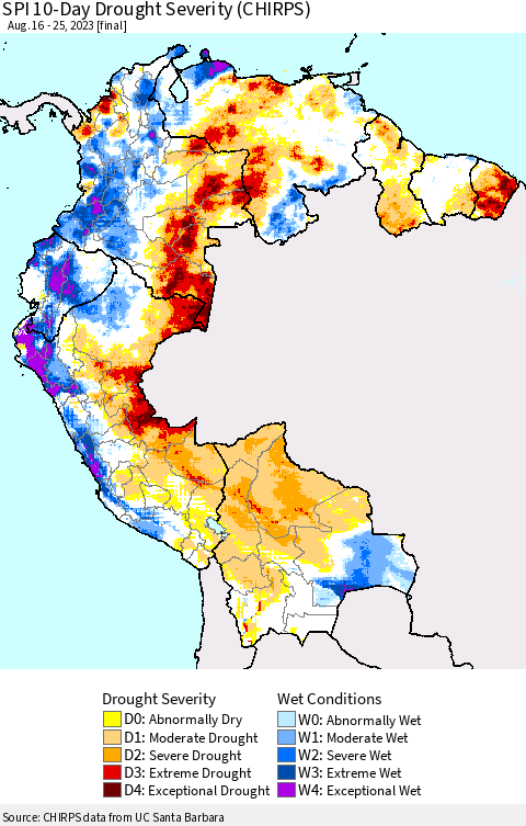 Northern South America SPI 10-Day Drought Severity (CHIRPS) Thematic Map For 8/16/2023 - 8/25/2023