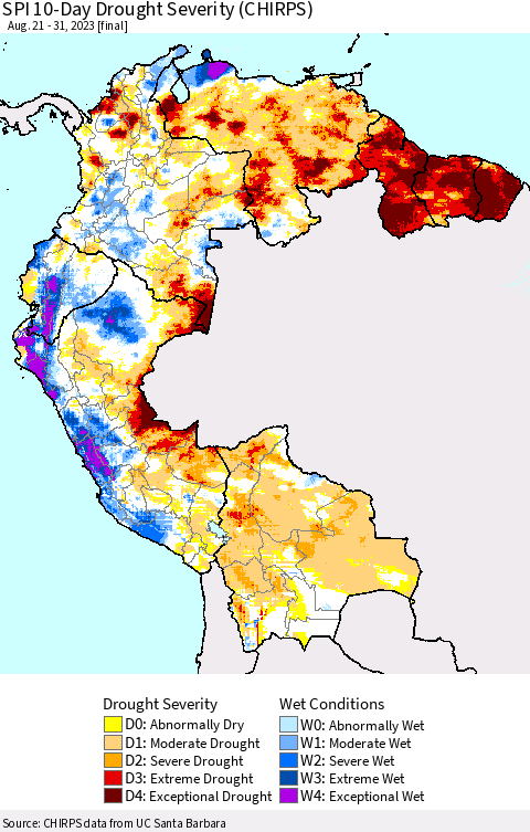 Northern South America SPI 10-Day Drought Severity (CHIRPS) Thematic Map For 8/21/2023 - 8/31/2023
