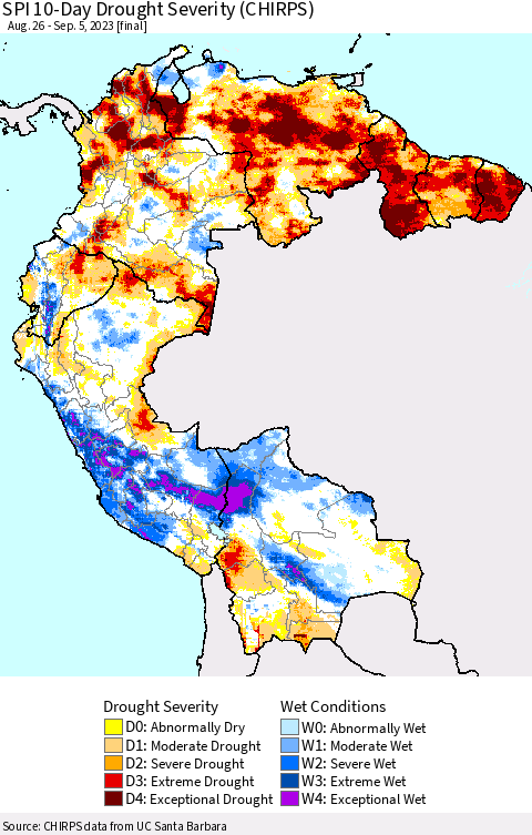 Northern South America SPI 10-Day Drought Severity (CHIRPS) Thematic Map For 8/26/2023 - 9/5/2023