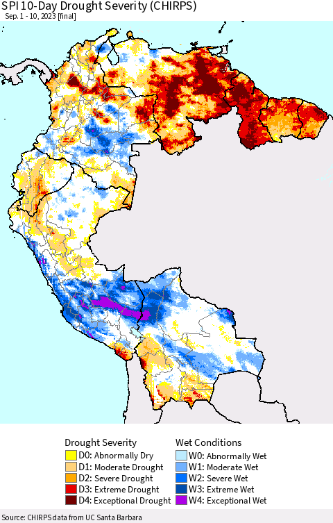 Northern South America SPI 10-Day Drought Severity (CHIRPS) Thematic Map For 9/1/2023 - 9/10/2023