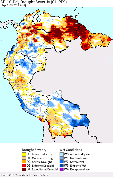 Northern South America SPI 10-Day Drought Severity (CHIRPS) Thematic Map For 9/6/2023 - 9/15/2023