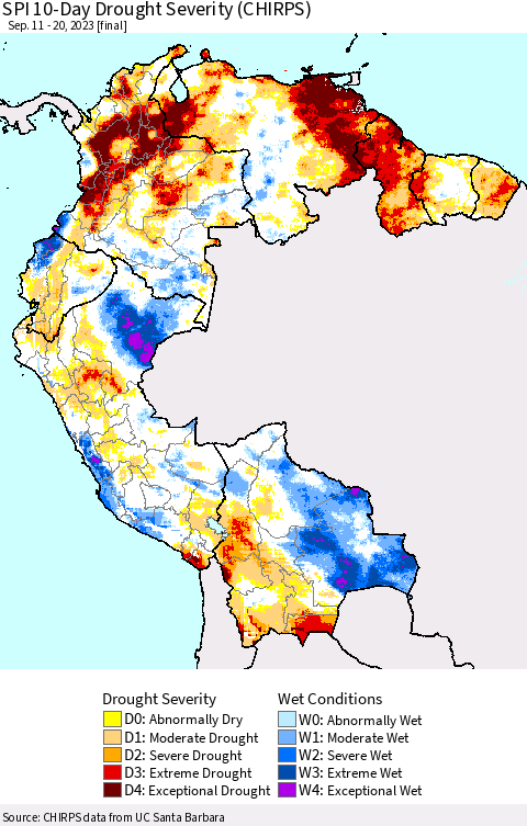 Northern South America SPI 10-Day Drought Severity (CHIRPS) Thematic Map For 9/11/2023 - 9/20/2023