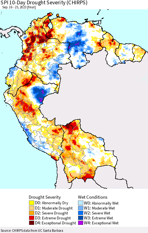 Northern South America SPI 10-Day Drought Severity (CHIRPS) Thematic Map For 9/16/2023 - 9/25/2023