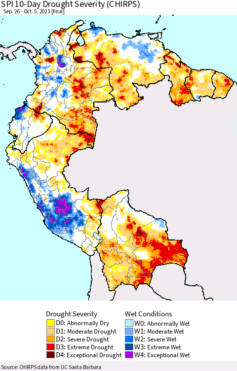 Northern South America SPI 10-Day Drought Severity (CHIRPS) Thematic Map For 9/26/2023 - 10/5/2023