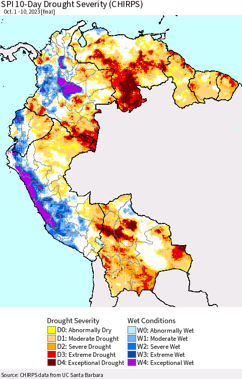 Northern South America SPI 10-Day Drought Severity (CHIRPS) Thematic Map For 10/1/2023 - 10/10/2023