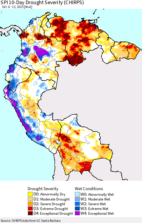 Northern South America SPI 10-Day Drought Severity (CHIRPS) Thematic Map For 10/6/2023 - 10/15/2023