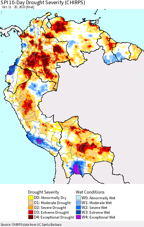 Northern South America SPI 10-Day Drought Severity (CHIRPS) Thematic Map For 10/11/2023 - 10/20/2023