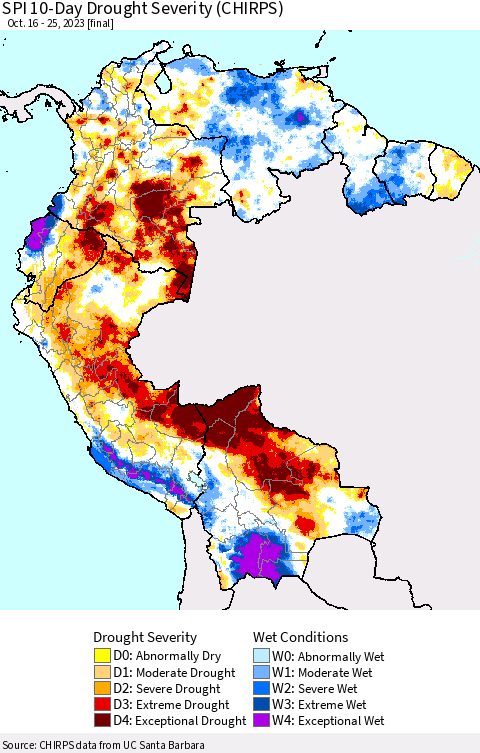 Northern South America SPI 10-Day Drought Severity (CHIRPS) Thematic Map For 10/16/2023 - 10/25/2023