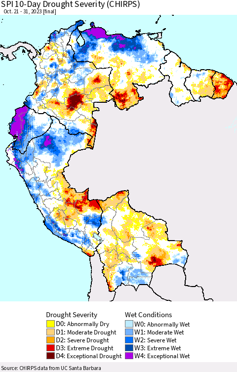 Northern South America SPI 10-Day Drought Severity (CHIRPS) Thematic Map For 10/21/2023 - 10/31/2023