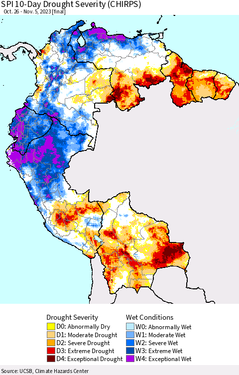 Northern South America SPI 10-Day Drought Severity (CHIRPS) Thematic Map For 10/26/2023 - 11/5/2023