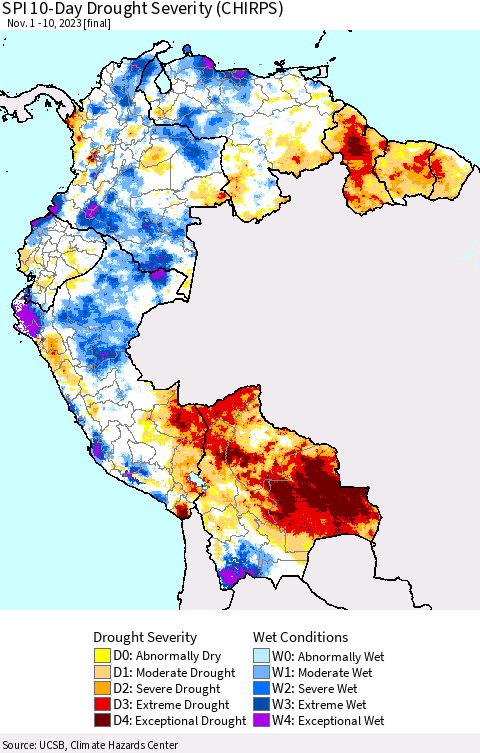 Northern South America SPI 10-Day Drought Severity (CHIRPS) Thematic Map For 11/1/2023 - 11/10/2023