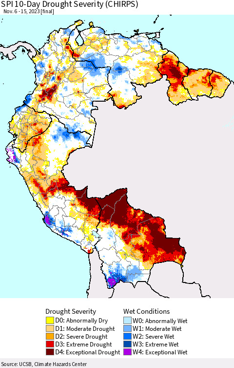 Northern South America SPI 10-Day Drought Severity (CHIRPS) Thematic Map For 11/6/2023 - 11/15/2023