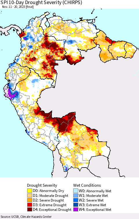 Northern South America SPI 10-Day Drought Severity (CHIRPS) Thematic Map For 11/11/2023 - 11/20/2023