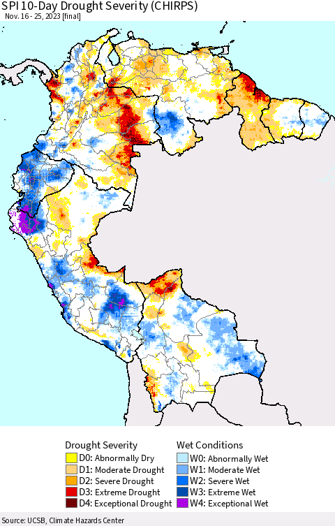Northern South America SPI 10-Day Drought Severity (CHIRPS) Thematic Map For 11/16/2023 - 11/25/2023
