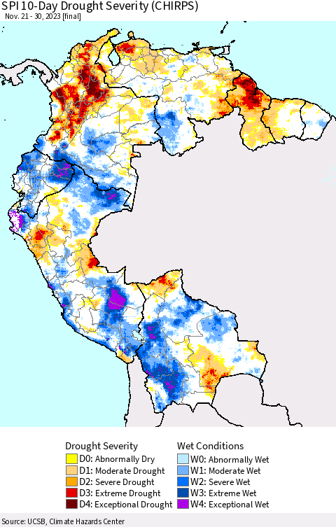 Northern South America SPI 10-Day Drought Severity (CHIRPS) Thematic Map For 11/21/2023 - 11/30/2023