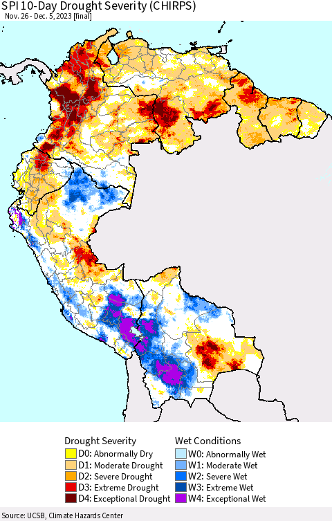 Northern South America SPI 10-Day Drought Severity (CHIRPS) Thematic Map For 11/26/2023 - 12/5/2023