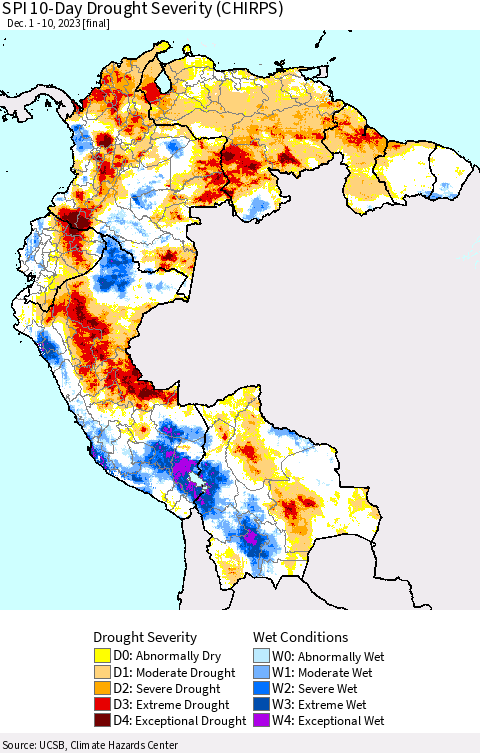 Northern South America SPI 10-Day Drought Severity (CHIRPS) Thematic Map For 12/1/2023 - 12/10/2023