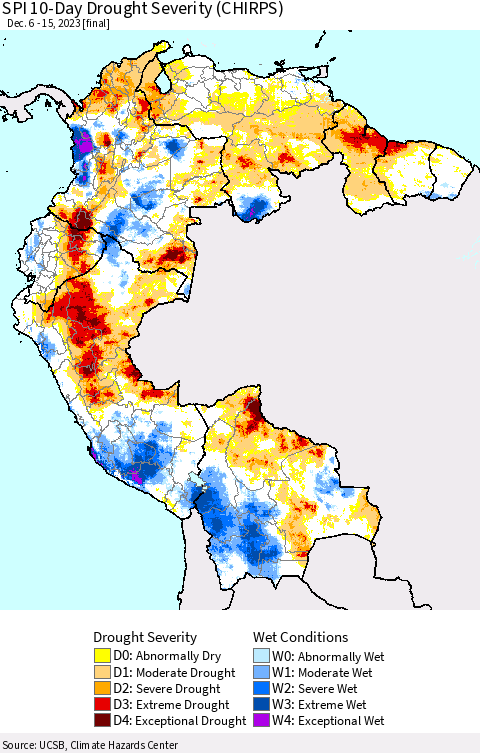 Northern South America SPI 10-Day Drought Severity (CHIRPS) Thematic Map For 12/6/2023 - 12/15/2023