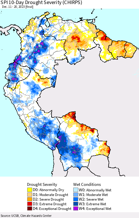 Northern South America SPI 10-Day Drought Severity (CHIRPS) Thematic Map For 12/11/2023 - 12/20/2023