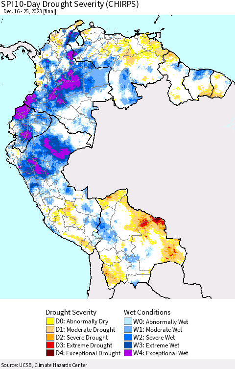 Northern South America SPI 10-Day Drought Severity (CHIRPS) Thematic Map For 12/16/2023 - 12/25/2023