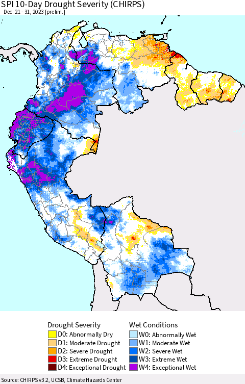 Northern South America SPI 10-Day Drought Severity (CHIRPS) Thematic Map For 12/21/2023 - 12/31/2023
