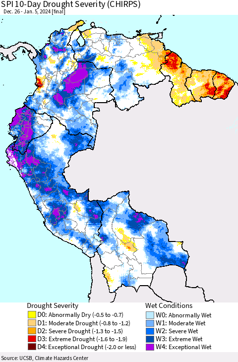 Northern South America SPI 10-Day Drought Severity (CHIRPS) Thematic Map For 12/26/2023 - 1/5/2024