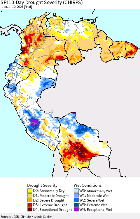 Northern South America SPI 10-Day Drought Severity (CHIRPS) Thematic Map For 1/1/2024 - 1/10/2024