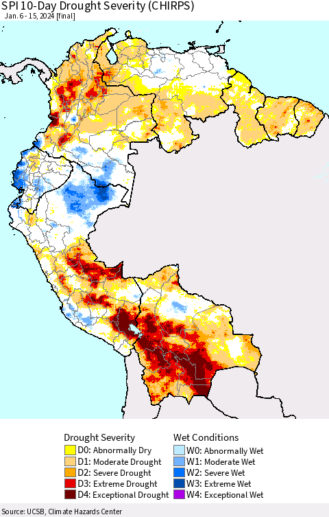 Northern South America SPI 10-Day Drought Severity (CHIRPS) Thematic Map For 1/6/2024 - 1/15/2024
