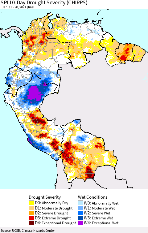 Northern South America SPI 10-Day Drought Severity (CHIRPS) Thematic Map For 1/11/2024 - 1/20/2024