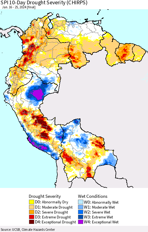Northern South America SPI 10-Day Drought Severity (CHIRPS) Thematic Map For 1/16/2024 - 1/25/2024