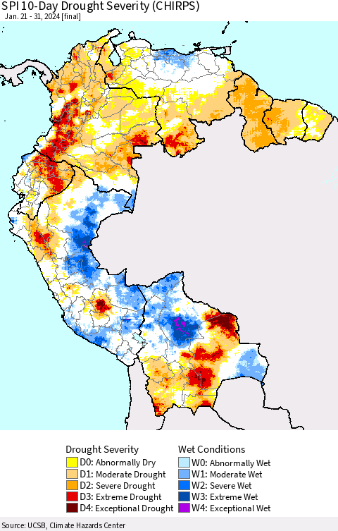 Northern South America SPI 10-Day Drought Severity (CHIRPS) Thematic Map For 1/21/2024 - 1/31/2024
