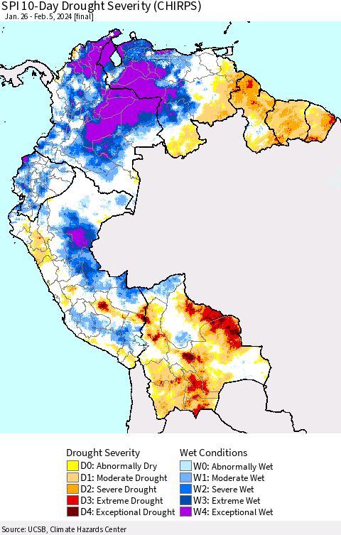 Northern South America SPI 10-Day Drought Severity (CHIRPS) Thematic Map For 1/26/2024 - 2/5/2024