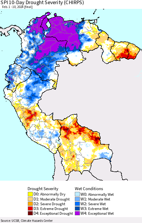 Northern South America SPI 10-Day Drought Severity (CHIRPS) Thematic Map For 2/1/2024 - 2/10/2024