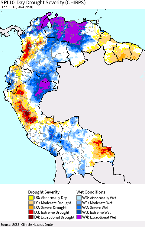 Northern South America SPI 10-Day Drought Severity (CHIRPS) Thematic Map For 2/6/2024 - 2/15/2024