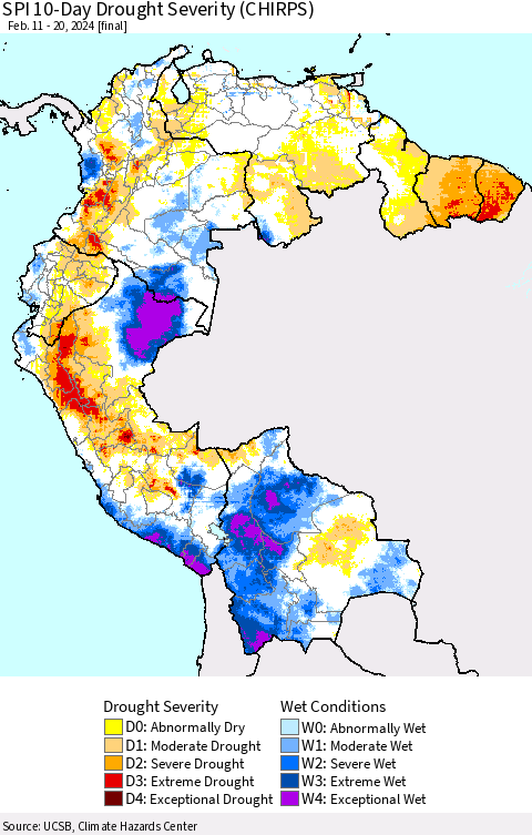 Northern South America SPI 10-Day Drought Severity (CHIRPS) Thematic Map For 2/11/2024 - 2/20/2024