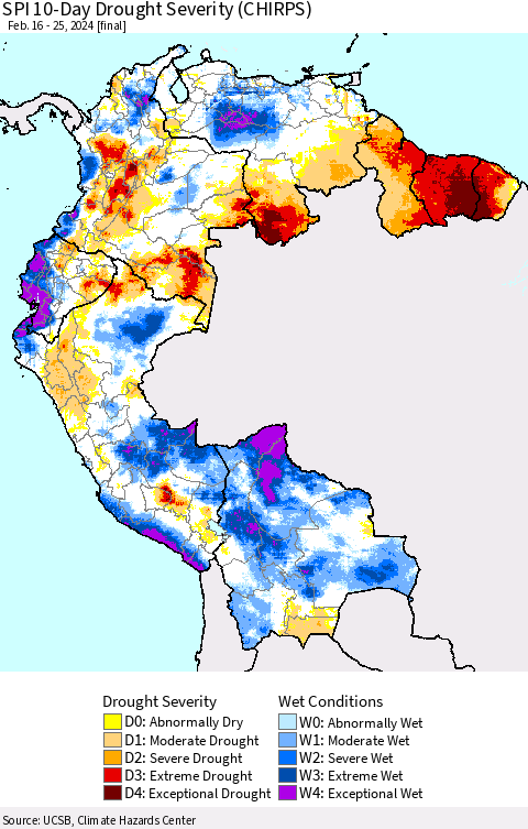 Northern South America SPI 10-Day Drought Severity (CHIRPS) Thematic Map For 2/16/2024 - 2/25/2024