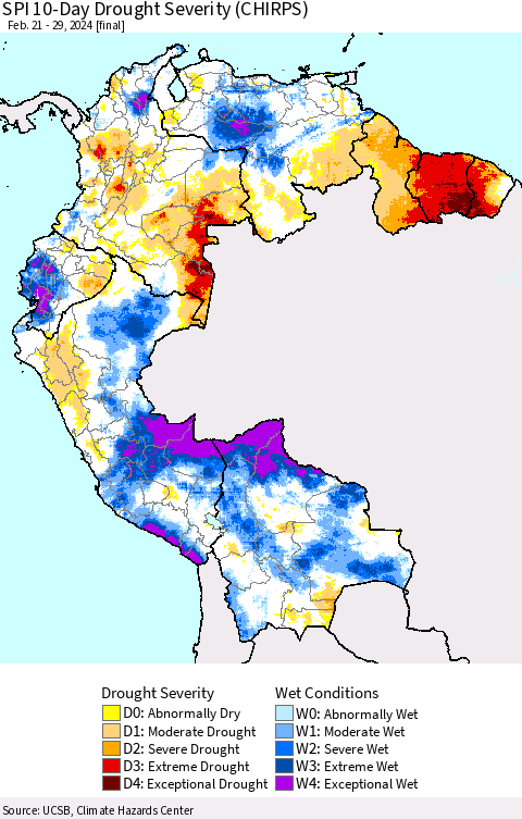 Northern South America SPI 10-Day Drought Severity (CHIRPS) Thematic Map For 2/21/2024 - 2/29/2024