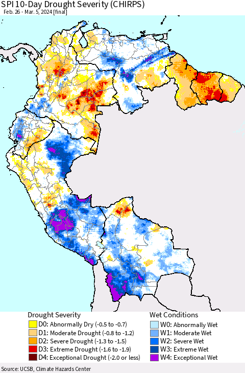 Northern South America SPI 10-Day Drought Severity (CHIRPS) Thematic Map For 2/26/2024 - 3/5/2024