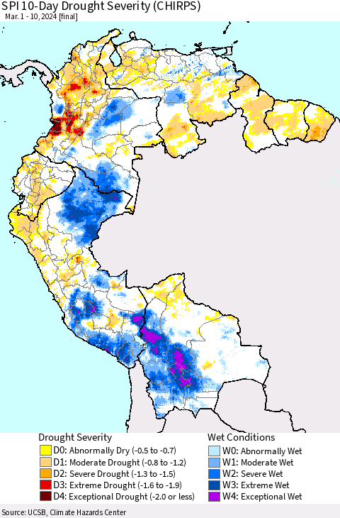 Northern South America SPI 10-Day Drought Severity (CHIRPS) Thematic Map For 3/1/2024 - 3/10/2024