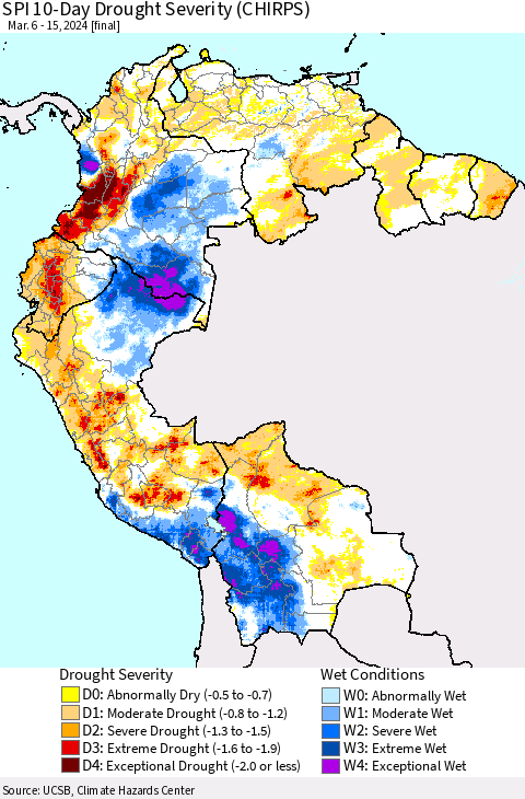 Northern South America SPI 10-Day Drought Severity (CHIRPS) Thematic Map For 3/6/2024 - 3/15/2024