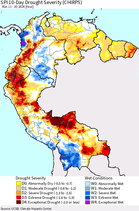 Northern South America SPI 10-Day Drought Severity (CHIRPS) Thematic Map For 3/11/2024 - 3/20/2024