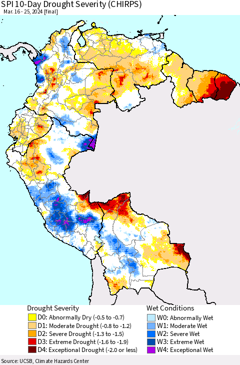 Northern South America SPI 10-Day Drought Severity (CHIRPS) Thematic Map For 3/16/2024 - 3/25/2024