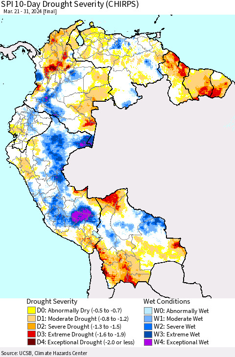 Northern South America SPI 10-Day Drought Severity (CHIRPS) Thematic Map For 3/21/2024 - 3/31/2024